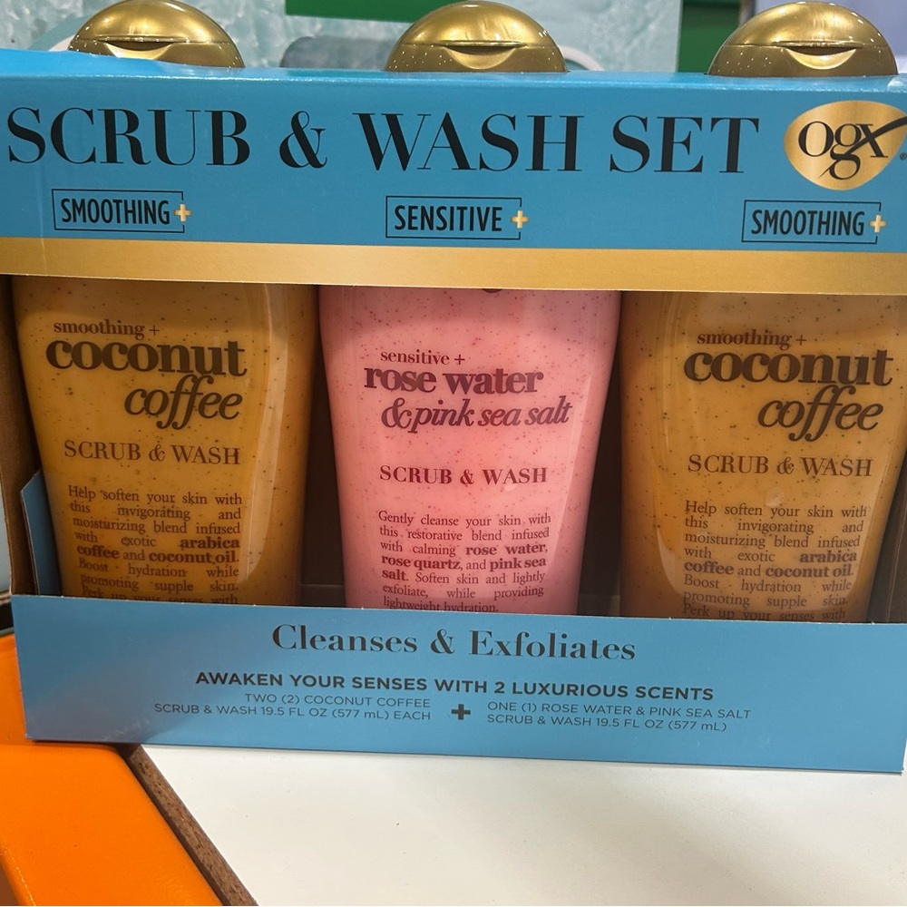 Ogx Body Wash & Scrub Set, 19.5 Fluid Ounce(Pack of 3)-Rose water,coconut,cofee,